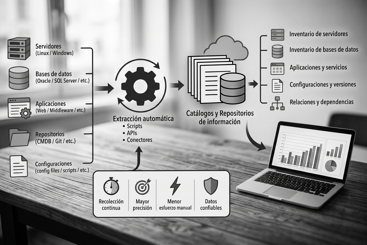 Ilustración de la extracción automática: fuentes de información (servidores, bases de datos, aplicaciones, repositorios, configuraciones) procesadas por scripts, APIs y conectores hacia catálogos y repositorios de información.