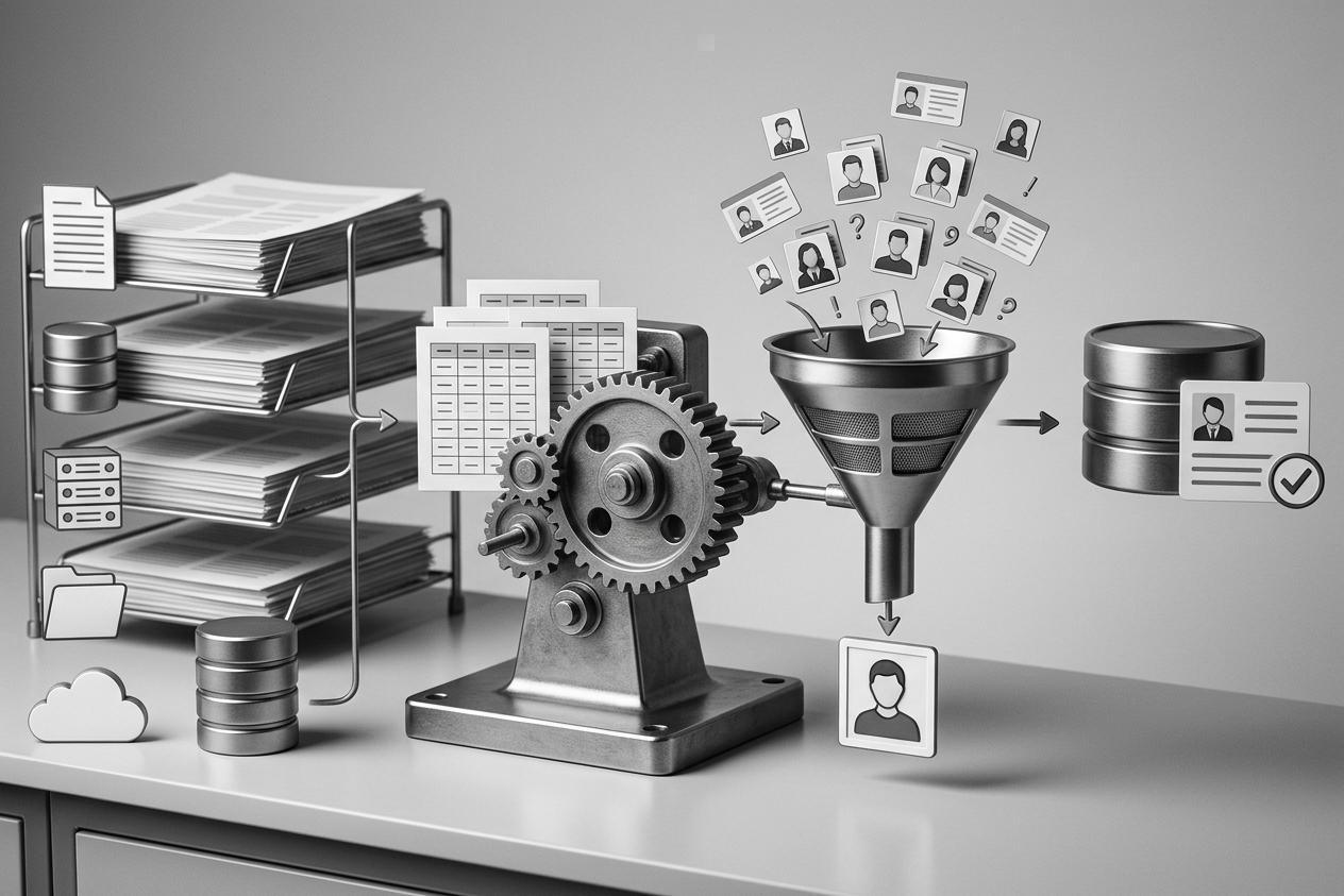 Ilustración de la resolución de identidades: catálogos y registros distintos pasando por un embudo de matching y deduplicación hasta consolidarse en un registro único por activo.