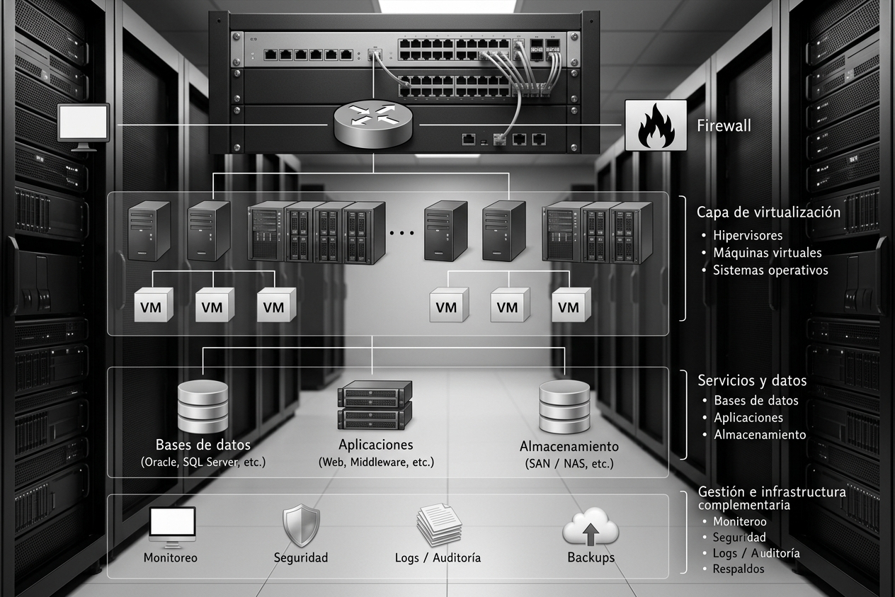 Ilustración del grafo de dependencias reconstruido en capas: internet, routers y firewall arriba; capa de virtualización (hipervisores y máquinas virtuales) en el medio; servicios y datos (bases, aplicaciones, almacenamiento) debajo; y gestión e infraestructura complementaria (monitoreo, seguridad, logs, backups) en la base.