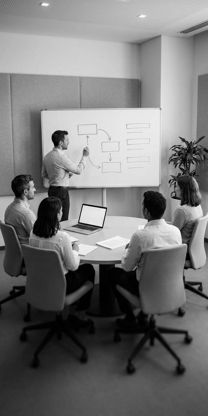 Ilustración del taller presencial: un facilitador expone un diagrama de flujo en un pizarrón frente a un equipo sentado alrededor de una mesa con una laptop.